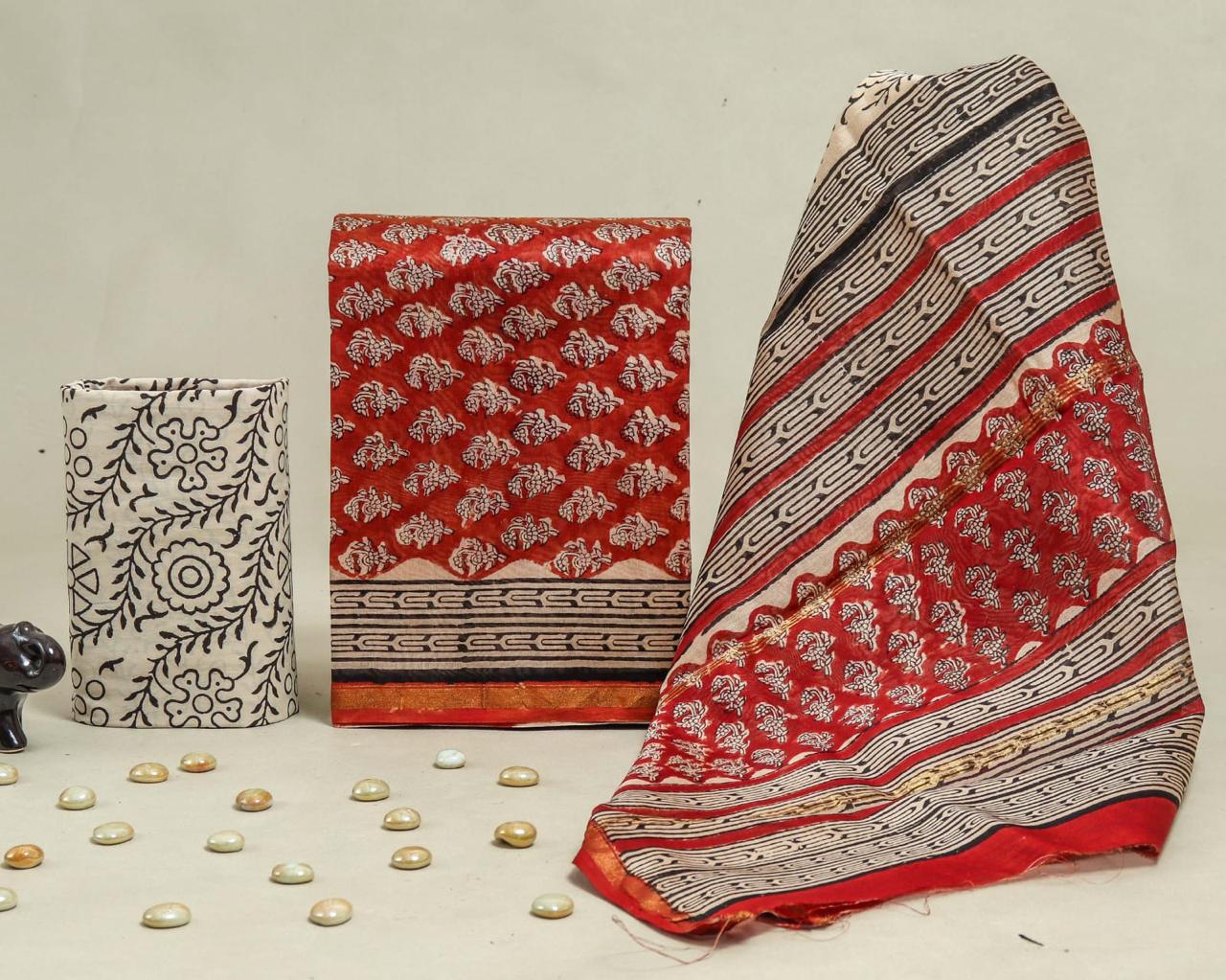 TRADITIONAL HAND BLOCK CHANDERI SILK SUIT SET WITH CHANDERI DUPATTA (CHDYS113)