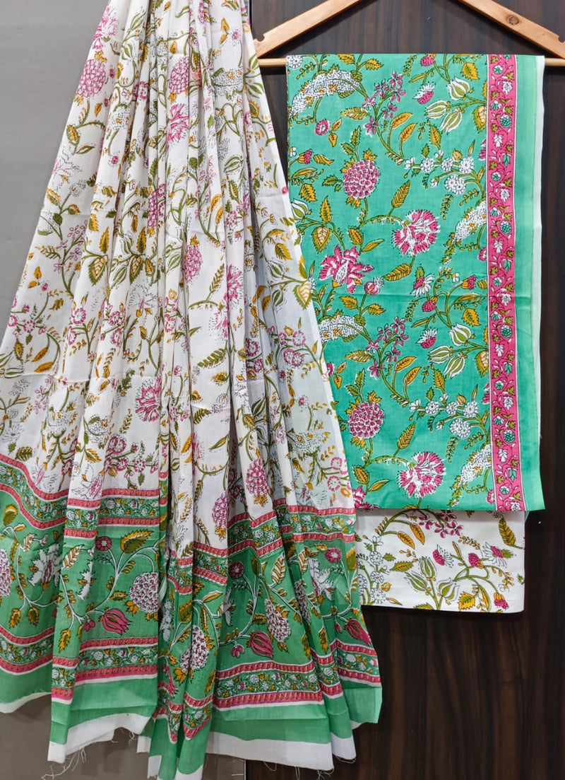 Designer Hand Block Print Cotton Suit Set with Mulmul Dupatta (MALYS295)