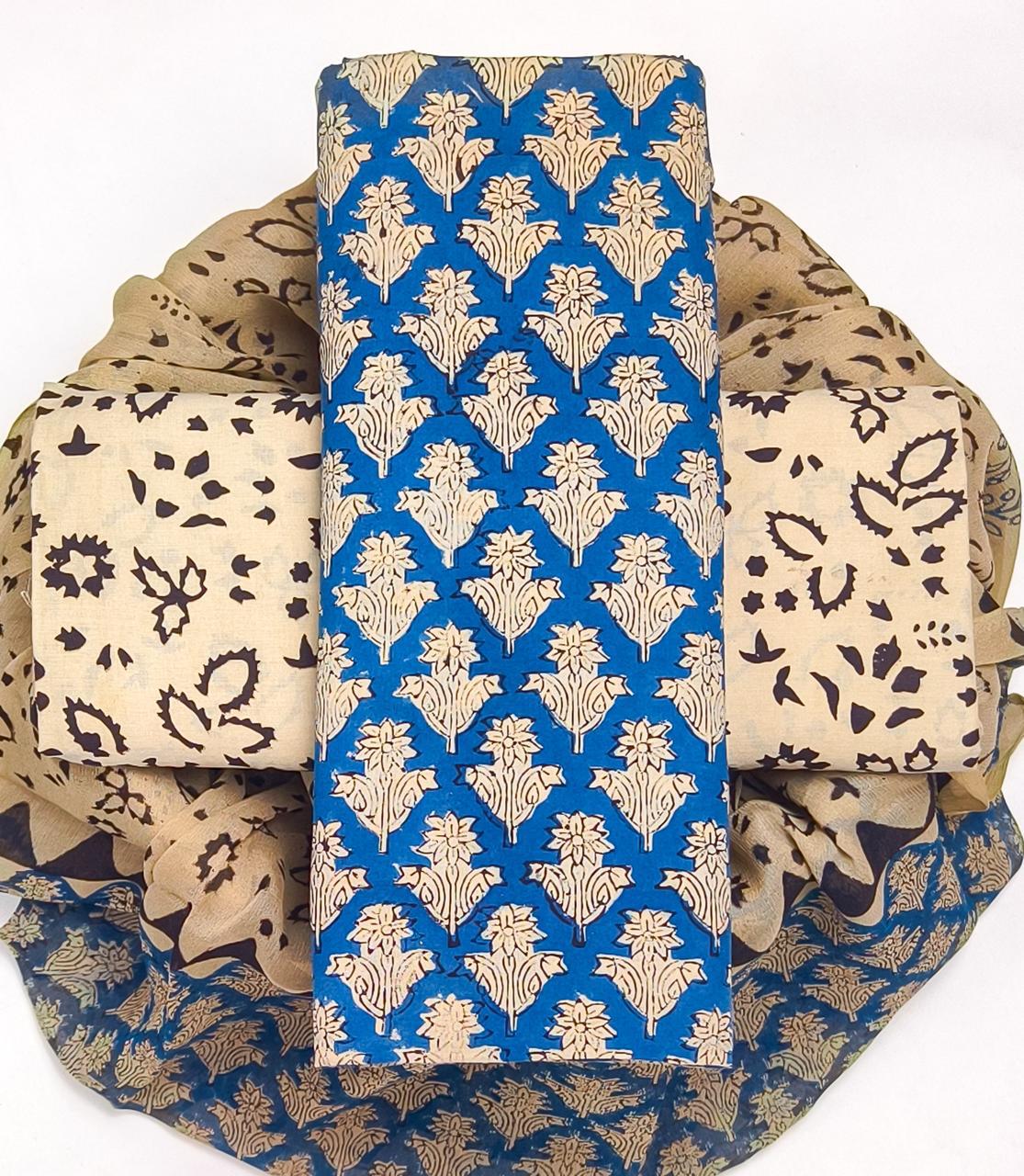 TRADITIONAL HAND BLOCK PRINT PURE COTTON SUIT WITH CHIFFION DUPTTA (PCHFYS157)