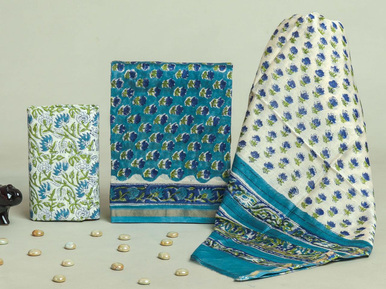 TRADITIONAL HAND BLOCK CHANDERI SILK SUIT SET WITH CHANDERI DUPATTA (CHDYS269)