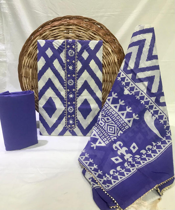 JAIPURI PRINTED COTTON NECK WORK SUITS WITH MULMUL DUPATTA (GOTAYS156)
