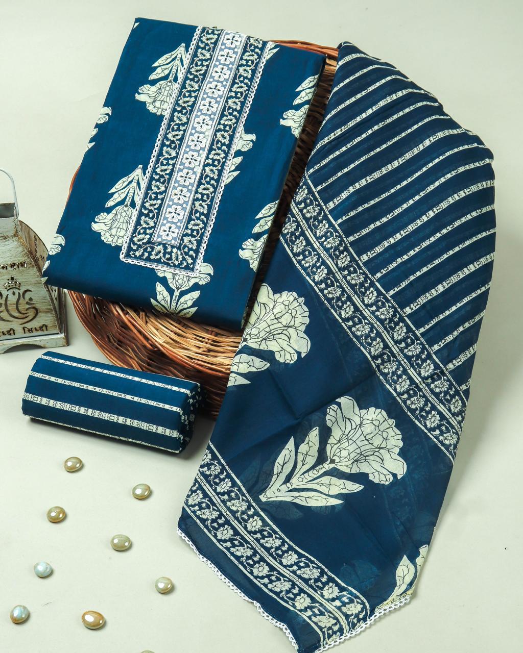 SANGANERI PRINT COTTON SUIT MATERIAL WITH COTTON DUPATTA WITH GOTA HAND  WORK  (GOTAYS78)