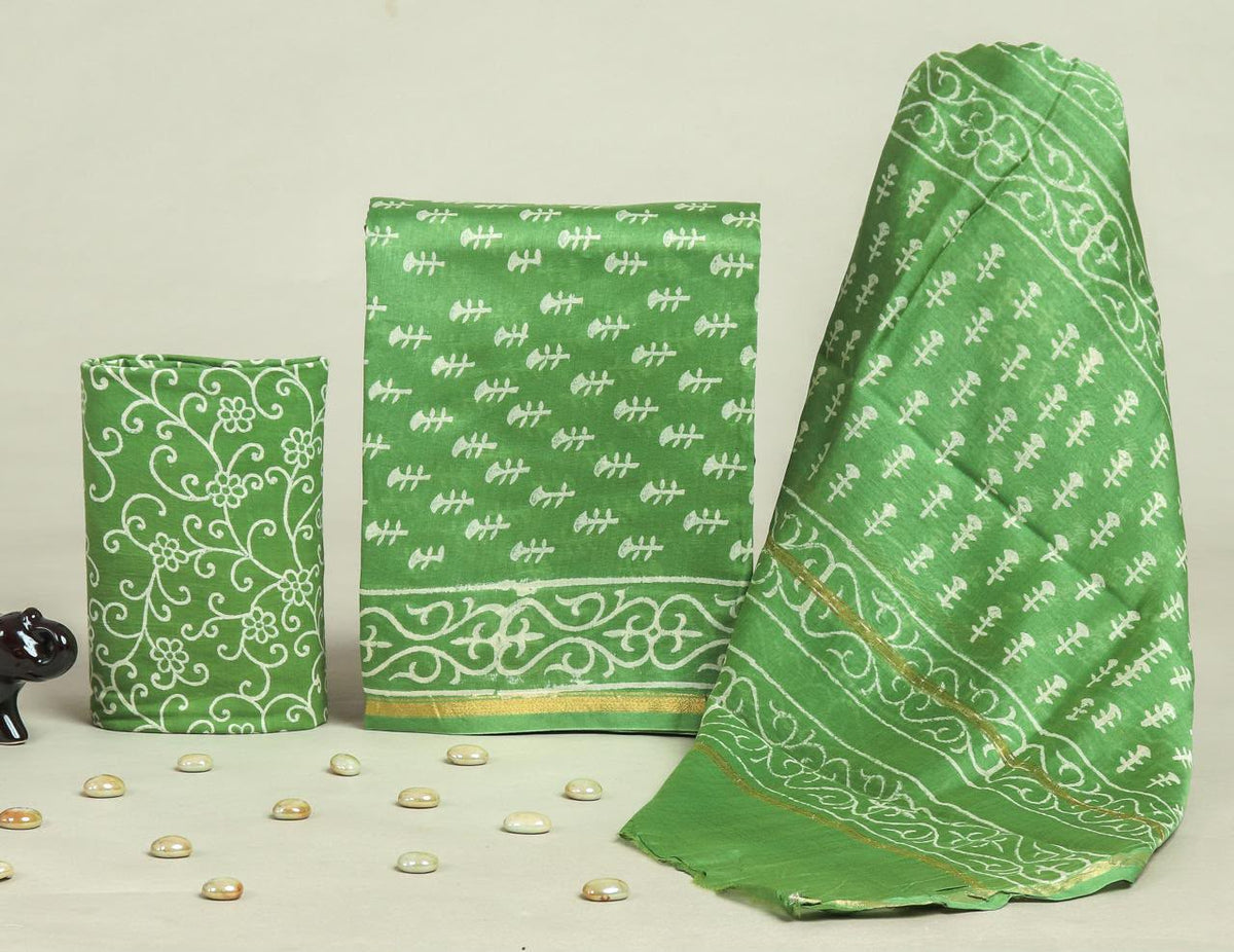 EXCLUSIVE HAND BLOCK CHANDERI SILK SUIT SET WITH CHANDERI DUPATTA (CHDYS111)