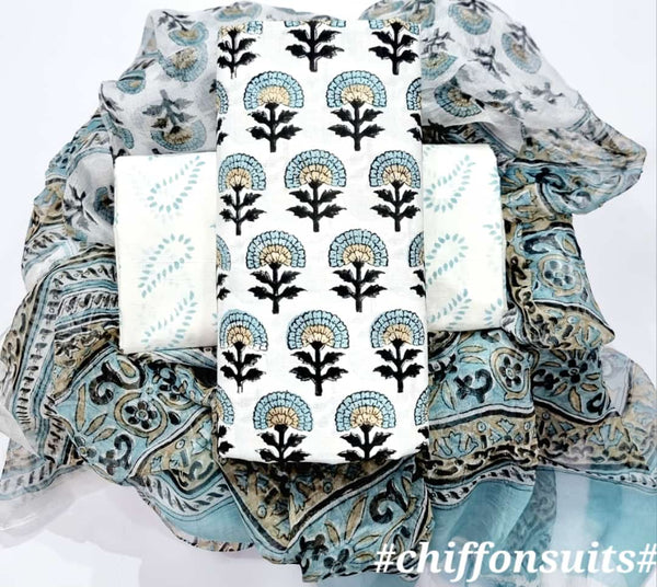 YUVI STYLE HAND BLOCK PRINT PURE COTTON SUIT WITH CHIFFION DUPTTA (PCHFYS05)