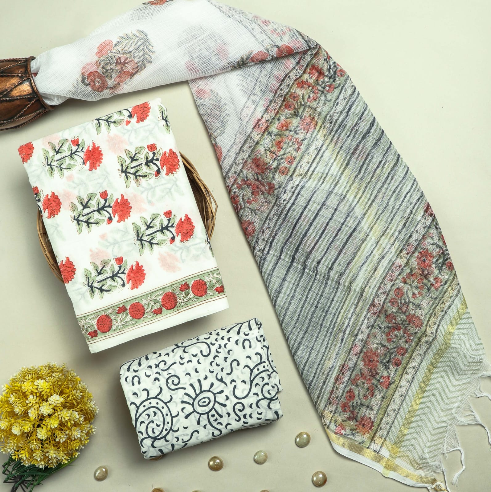 DESIGNER HAND BLOCK PRINT PURE COTTON SUIT WITH KOTA DORIA DUPATTA (3CKDYS109)
