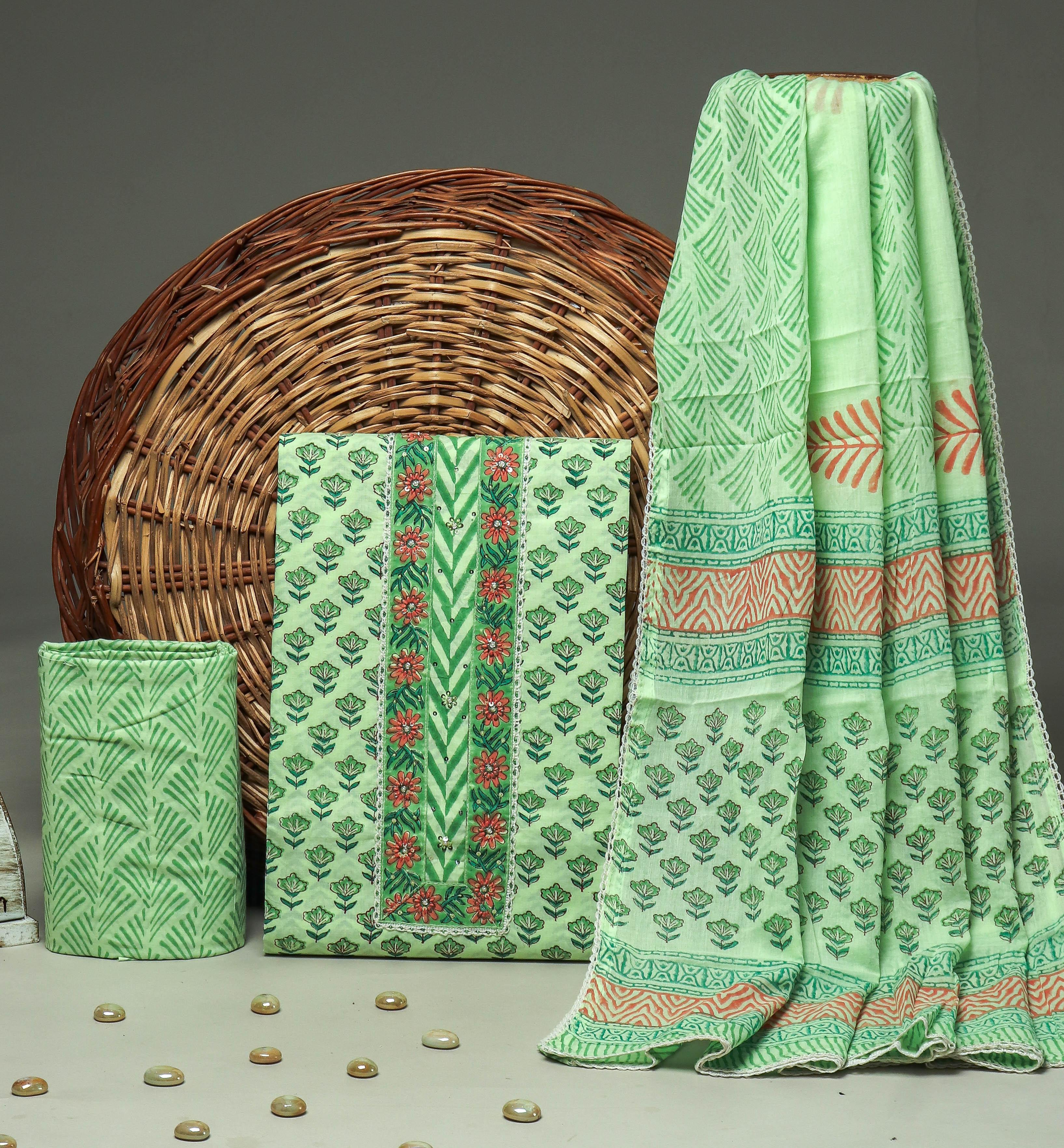 EXCLUSIVE  HAND BLOCK PRINT COTTON SUIT WITH COTTON DUPATTA HAND WORK (GOTAYS95)