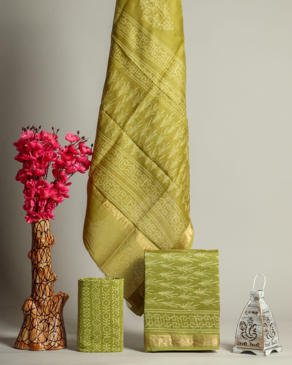Designer Hand Block Print Maheshwari Silk Suit Set (MSLYS24)