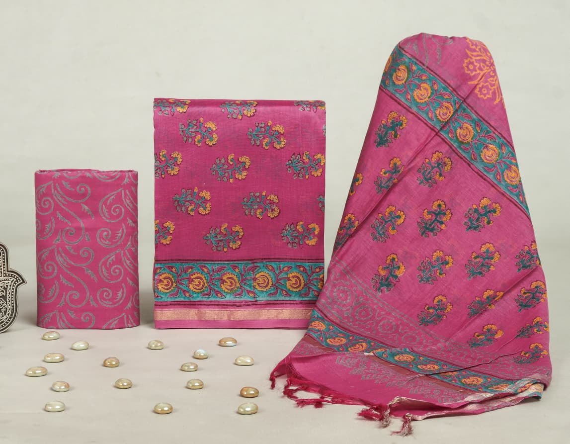 TRADITIONAL  HAND BLOCK CHANDERI SILK SUIT SET WITH CHANDERI DUPATTA(CHDYS155)