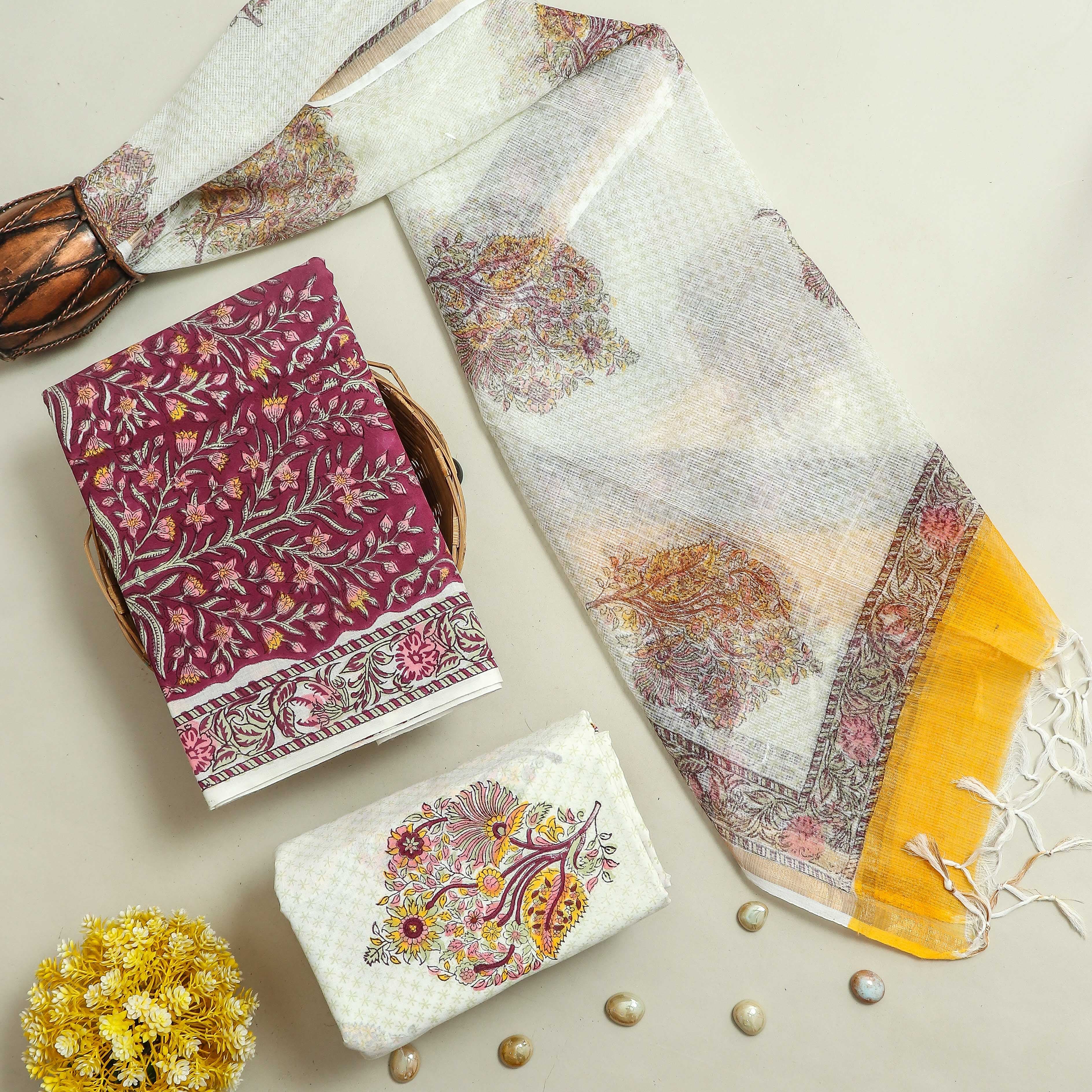 YUVI STYLE HAND BLOCK PURE COTTON SUIT WITH KOTA DORIA DUPATTA (3CKDYS160)