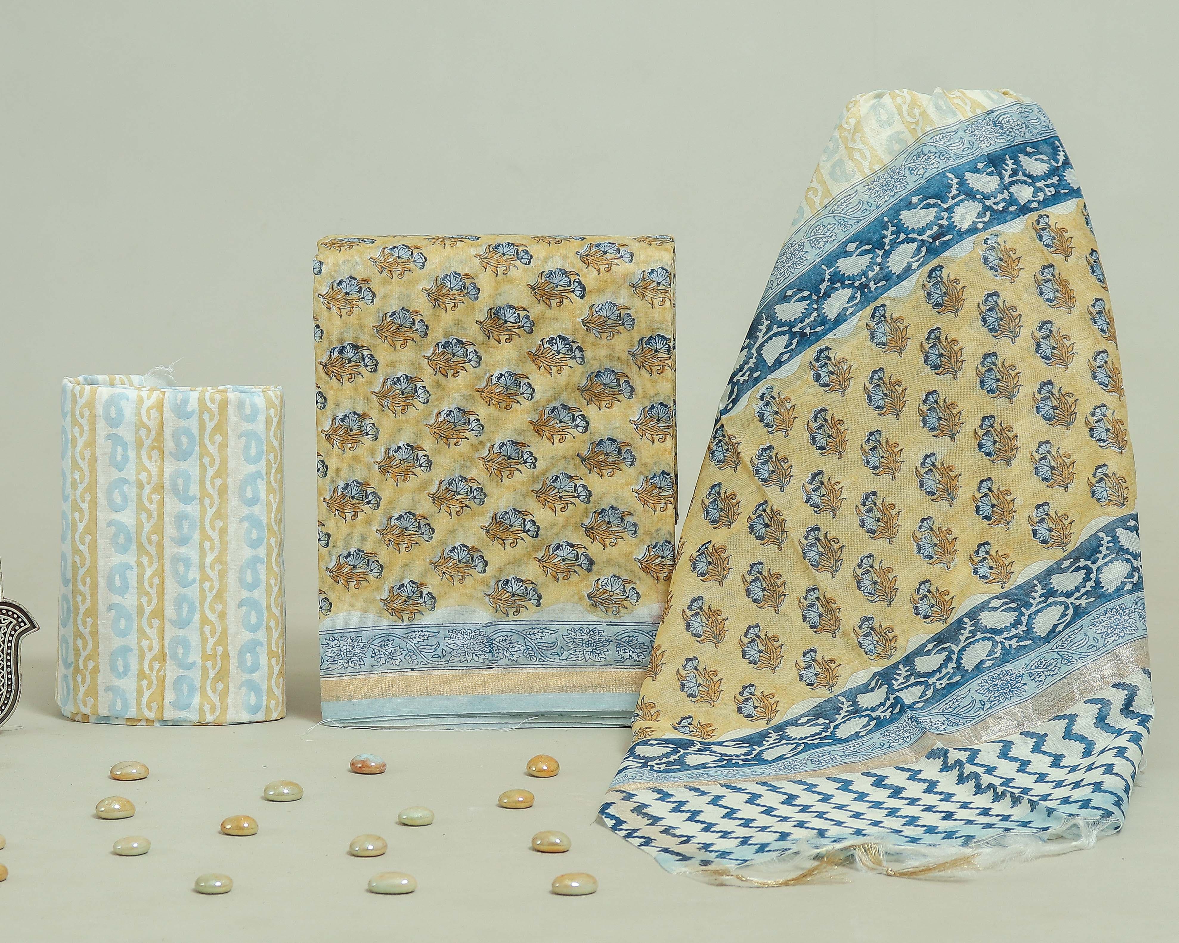 HAND BLOCK CHANDERI SILK SUIT SET WITH CHANDERI DUPATTA (CHDYS265)