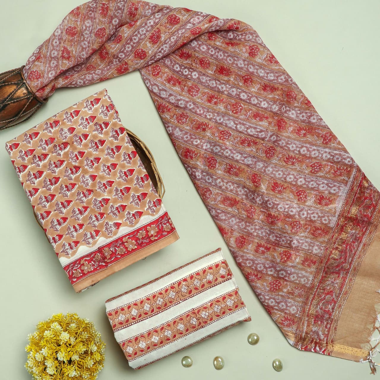 EXCLUSIVE HAND BLOCK PRINT PURE COTTON SUIT WITH KOTA DORIYA DUPTTA (3CKDYS180)