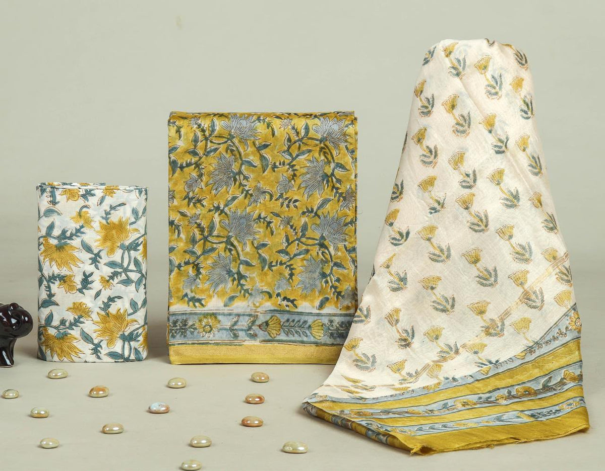 TRADITIONAL HAND BLOCK CHANDERI SILK SUIT SET WITH CHANDERI DUPATTA (CHDYS295)
