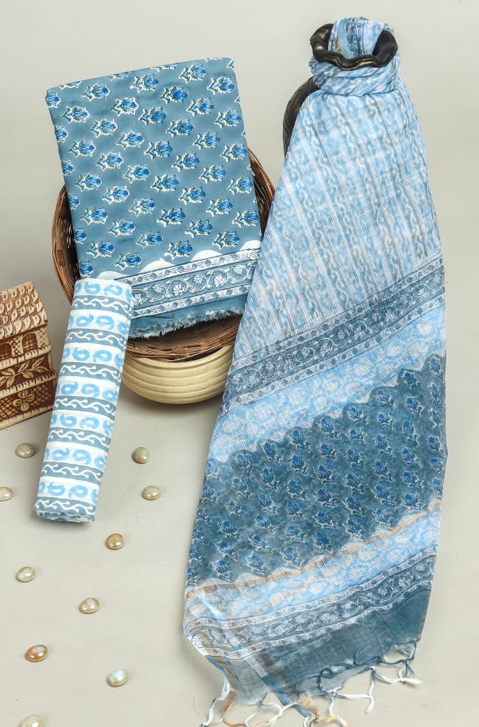 APPEALING HAND BLOCK PRINT COTTON SUIT WITH KOTA DORIA DUPATTA (3CKDYS259)