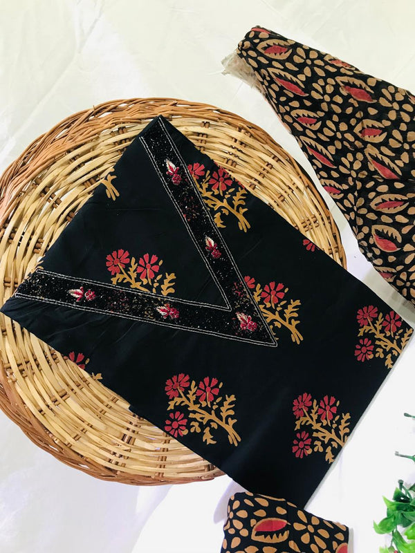 SANGANERI PRINT COTTON SUIT MATERIAL WITH CHIFFION DUPATTA GOTTA NECK WORK (GOTAYS142)