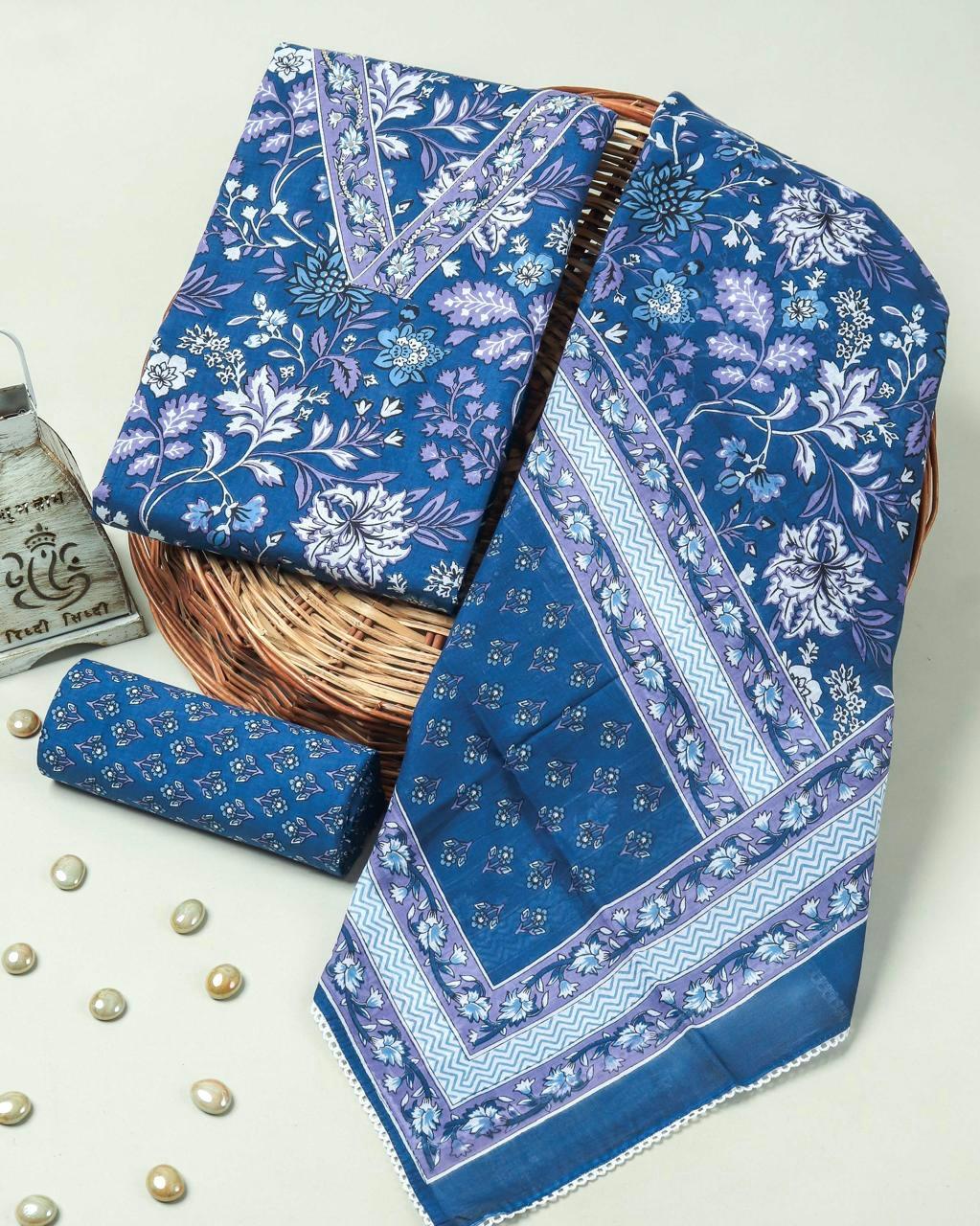 SANGANERI PRINT COTTON SUIT MATERIAL WITH COTTON DUPATTA NECK WORK (GOTAYS139)