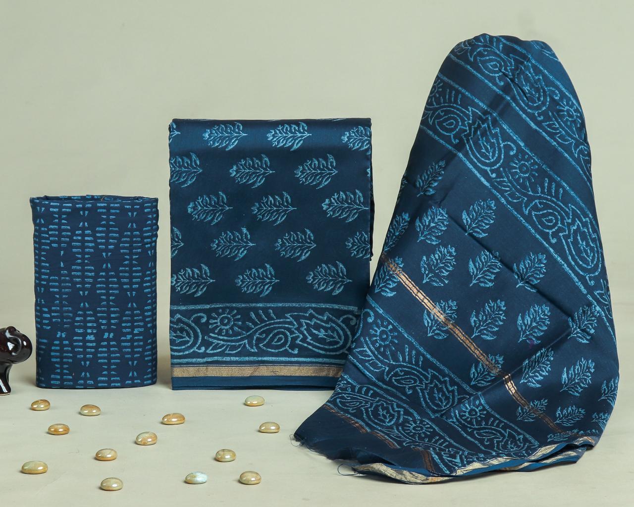 TRADITIONAL HAND BLOCK CHANDERI SILK SUIT SET WITH CHANDERI DUPATTA (CHDYS226)