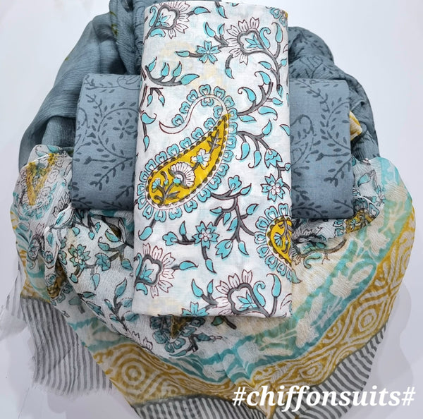 Designer  Hand Block Print  Pure Cotton Suit with Chiffon Dupatta (PCHFYS06)