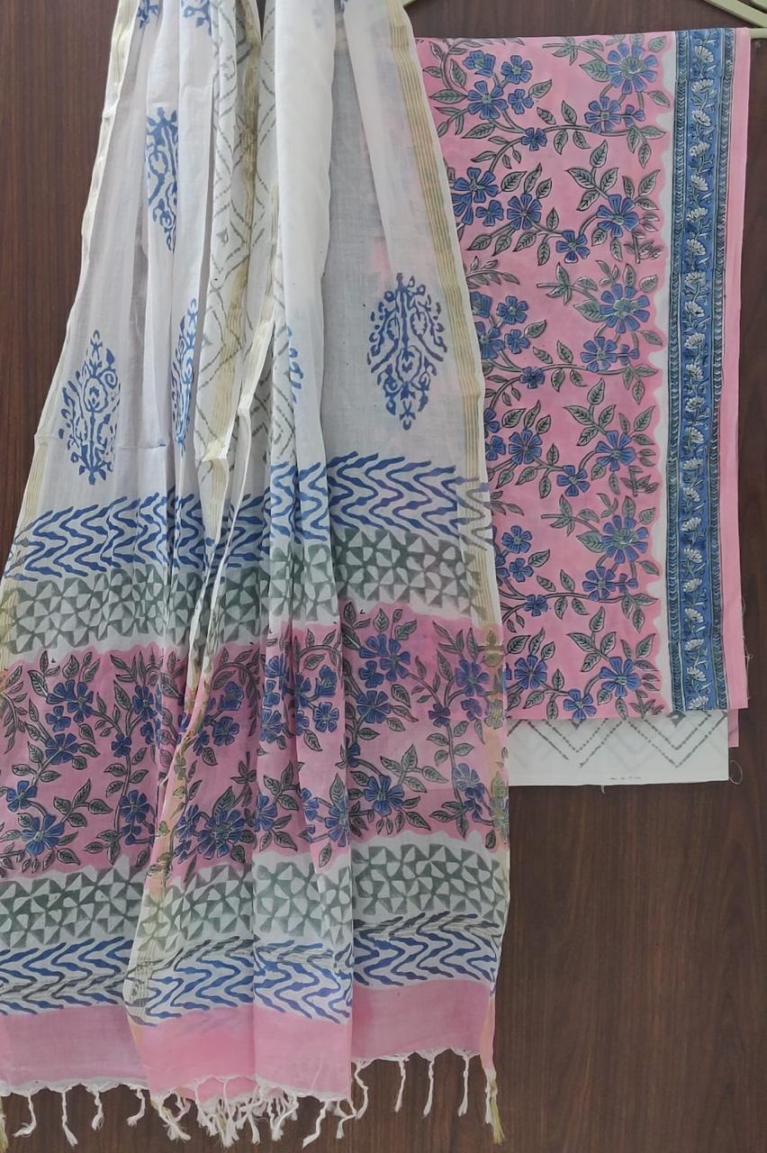 ELEGAT HAND BLOCK PRINT COTTON SUIT SET WITH MULMUL DUPATTA (MALYS300)
