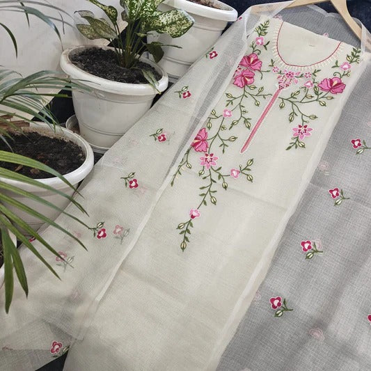 Yuvi Style White Kota Doria Suit With Embroidery Work (FKDYS110)