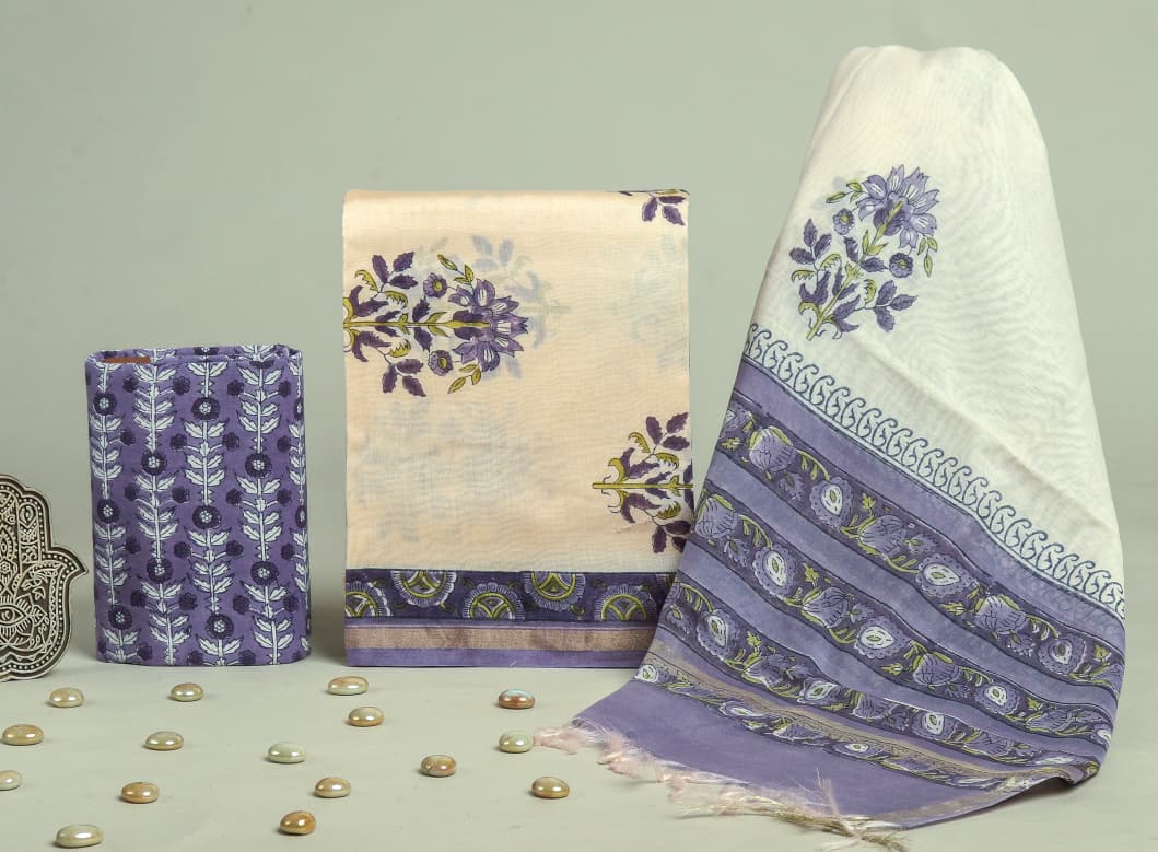 DESIGNER HAND BLOCK PRINT CHANDERI SILK SUIT SET WITH PREMIUM CHANDERI DUPATTA (CHDYS216)