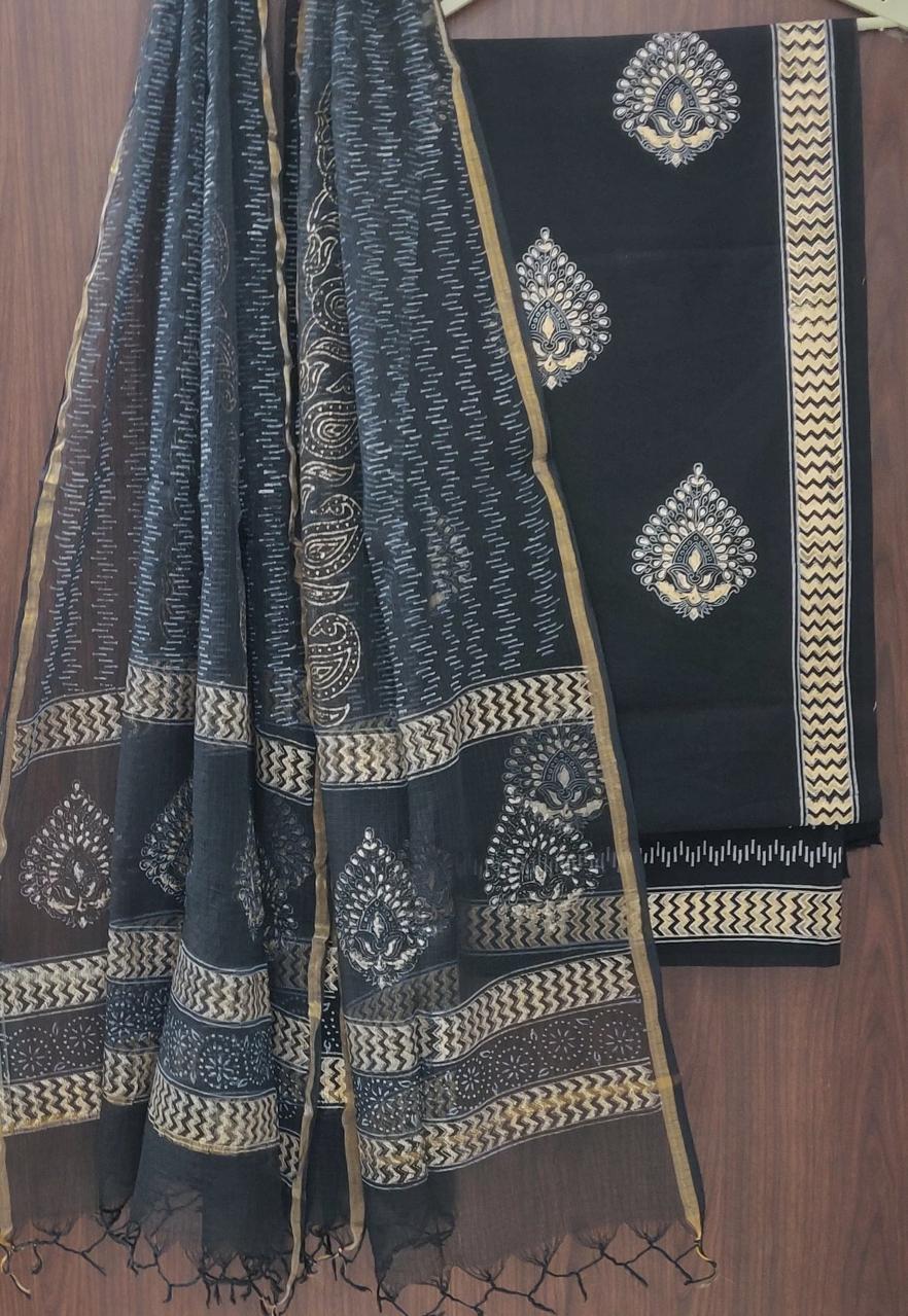YUVI STYLE  FLORAL JAAL HAND BLOCK PRINT COTTON SUIT SET WITH KOTA DORIA DUPATTA (3CKDYS206)