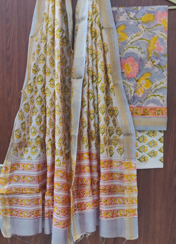 DESIGNER HAND BLOCK PRINT MAHESHWARI SILK SUIT SET (MSLYS44)