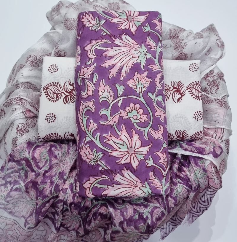 DESIGNER HAND BLOCK PRINT PURE COTTON SUIT WITH CHIFFON DUPATTA (PCHFYS135)