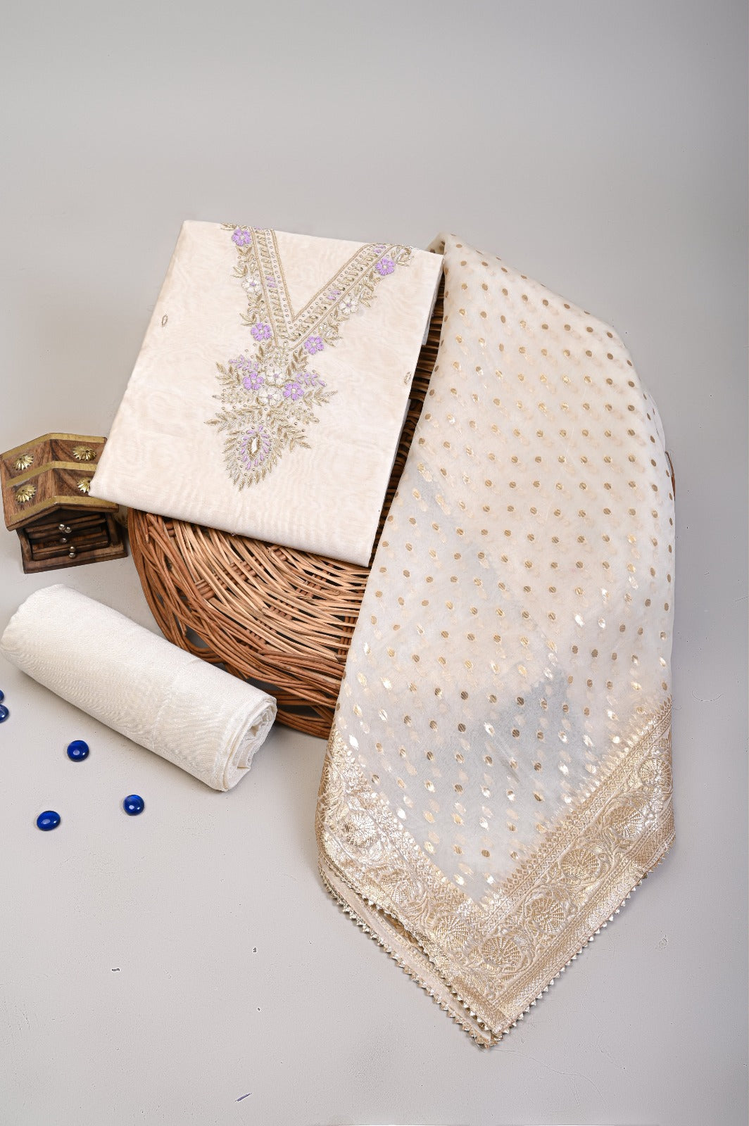 DESIGNER CHANDERI SILK SUIT WITH ORGANZA DUPPTA NECK WORK (GOTAYS87)