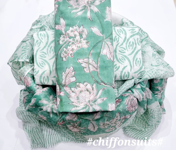 Elegant Hand Block Print Pure Cotton Suit With Chiffion  Duptta (Pchfys66)