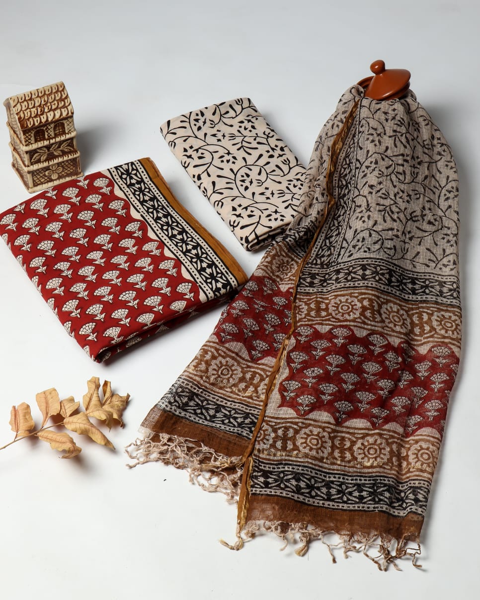 APPEALING FLORAL HAND BLOCK PRINT COTTON SUIT WITH KOTA DORIA DUPATTA (3CKDYS254)