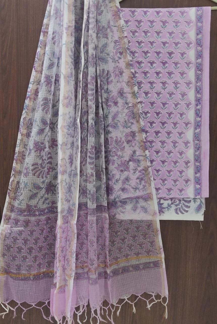 APPEALING FLORAL HAND BLOCK PRINT PURE COTTON SUIT WITH DORIA DUPATTA(3CKDYS174)