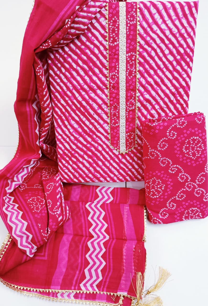 Sanganeri print cotton suit material with cotton dupatta Gotta Tye neck work  (GOTAYS11)