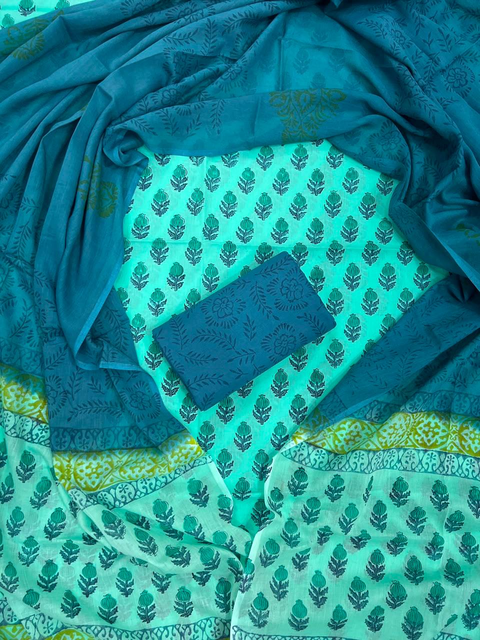 TRADITIONAL HAND BLOCK PRINT COTTON SUIT WITH  MULMUL DUPPTA (MALYS242)