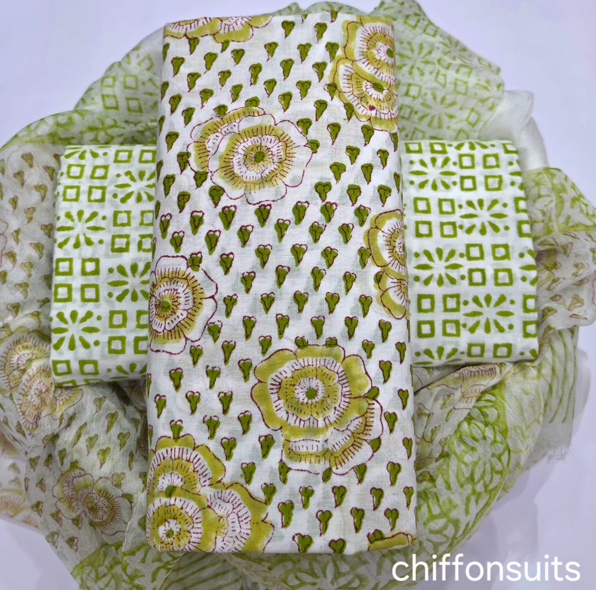 EXCLUSIVE HAND BLOCK PRINT PURE COTTON SUIT WITH CHIFFION DUPTTA (PCHFYS122)