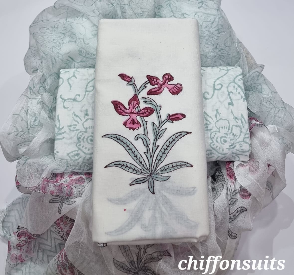 TRADITIONAL HAND BLOCK PRINT PURE COTTON SUIT WITH CHIFFION DUPTTA (PCHFYS78)