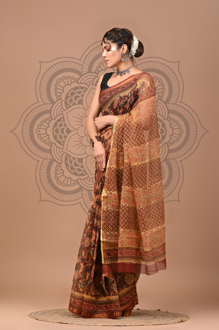 Designer Hand Block Printed Kota Doriya Silk Saree(KDSYS15)