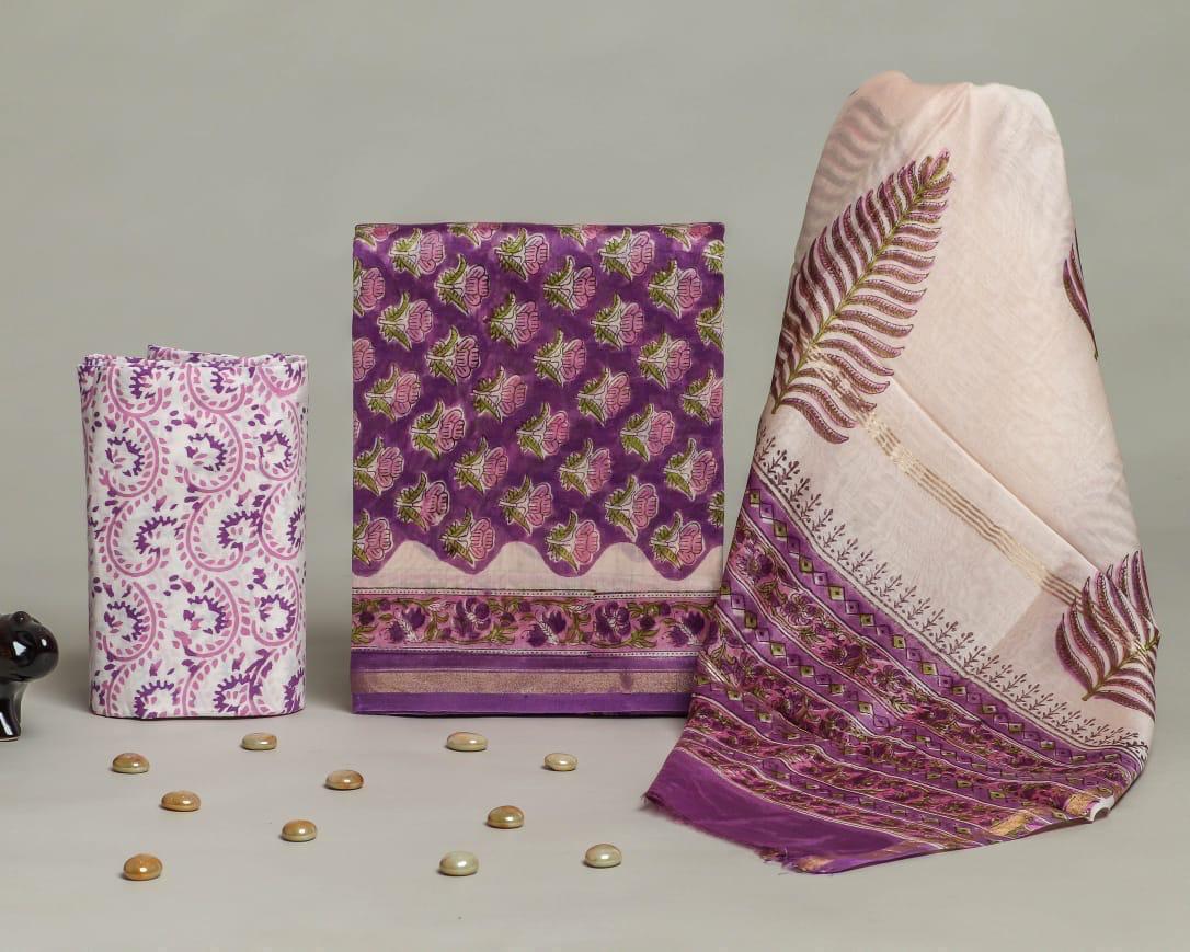 TRADITIONAL HAND BLOCK CHANDERI SILK SUIT SET WITH CHANDERI DUPATTA (CHDYS272)