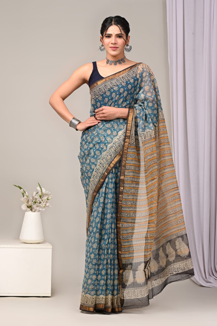 DESIGNER HAND BLOCK PRINTED KOTA DORIYA SILK SAREE(KDSYS18)