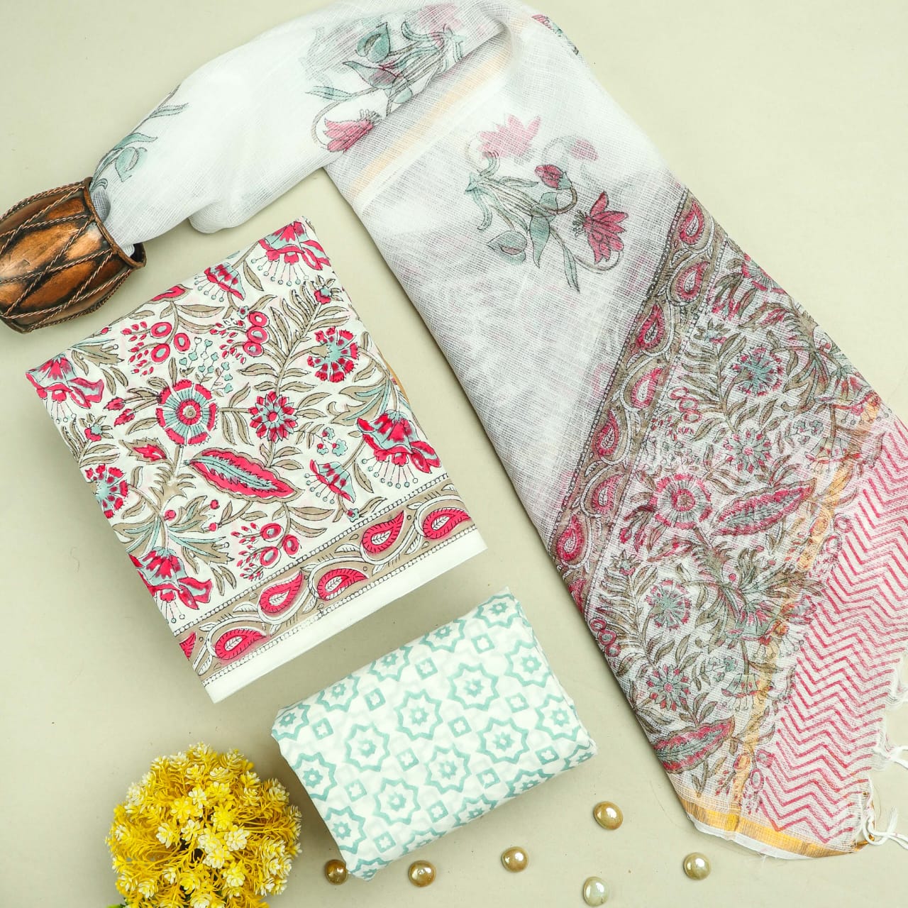 Designer Hand Block Print Pure Cotton Suit Material with Kota Doria Dupatta (3CKDYS13)