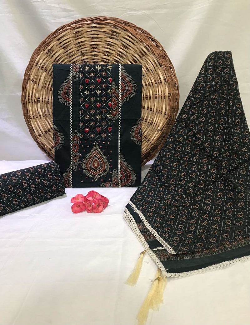 SANGANERI PRINT COTTON SUIT MATERIAL WITH COTTON DUPATTA GOTTA NECK WORK (GOTAYS121)