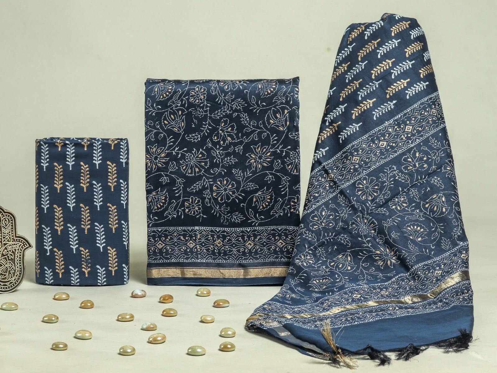 ELEGANT  HAND BLOCK CHANDERI SILK SUIT SET WITH CHANDERI DUPATTA (CHDYS156)