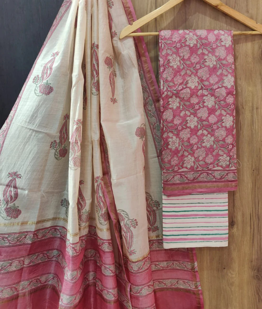 DESIGNER HAND BLOCK PRINT CHANDERI SILK SUIT SET WITH PREMIUM CHANDERI DUPATTA (CHDYS61)