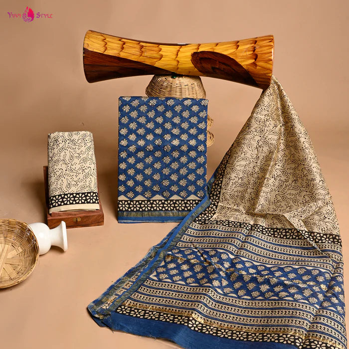 YUVI STYLE HAND PRINTED CHANDERI SILK SUIT SET WITH CHANDERI DUPATTA (CHDYS225)