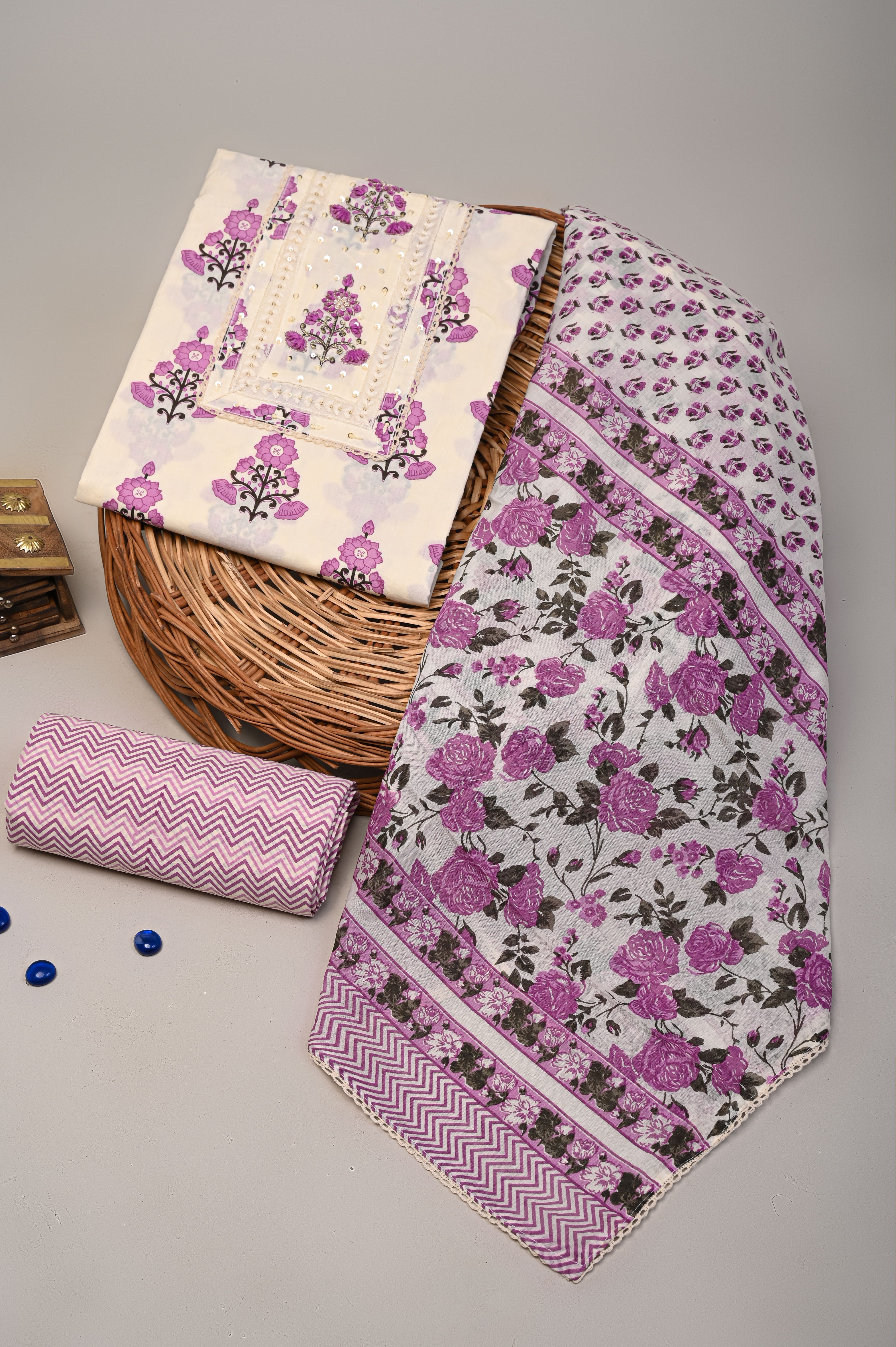 Sanganeri print cotton suit material with cotton dupatta Hand work (GOTAYS90)