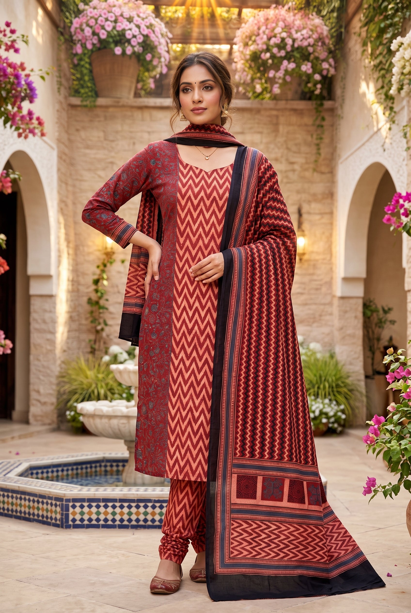 KUTCH HAND BLOCK AJRAK PRINT NATURAL DYED COTTON SUIT WITH COTTON DUPATTA (AJPCYS04)