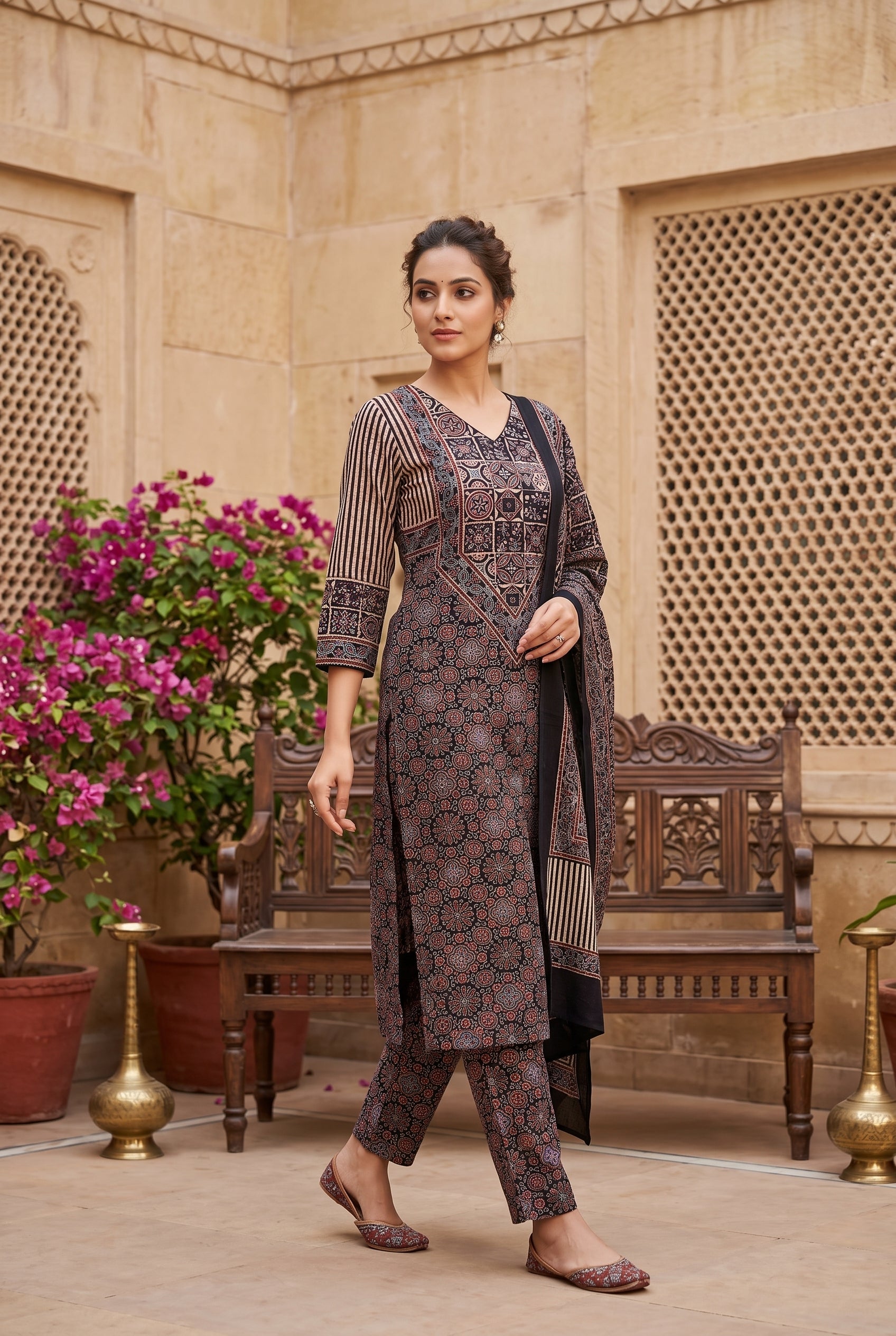 KUTCH HAND BLOCK AJRAK PRINT NATURAL DYED COTTON SUIT WITH COTTON DUPATTA (AJPCYS08)