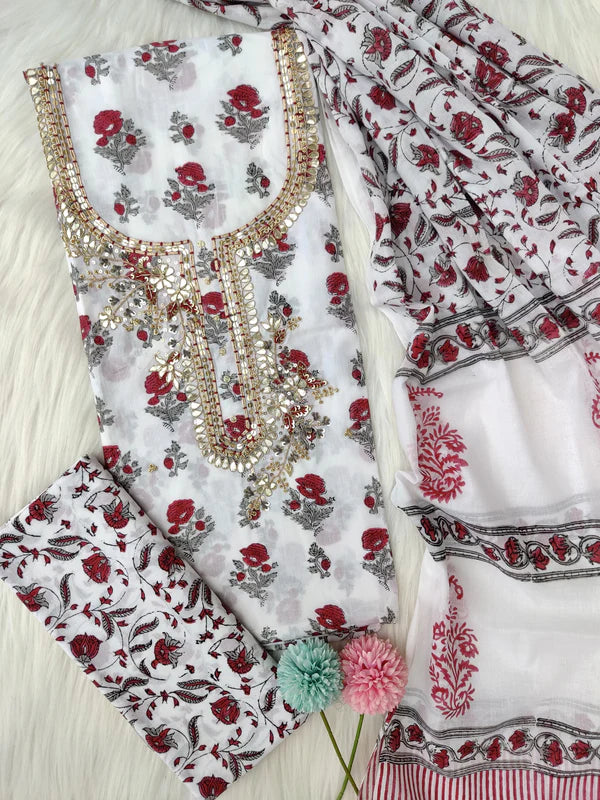 Beige Abstract Print Cotton Gota Work detailing suit set with  Mulmul dupatta (GOTAYS11)