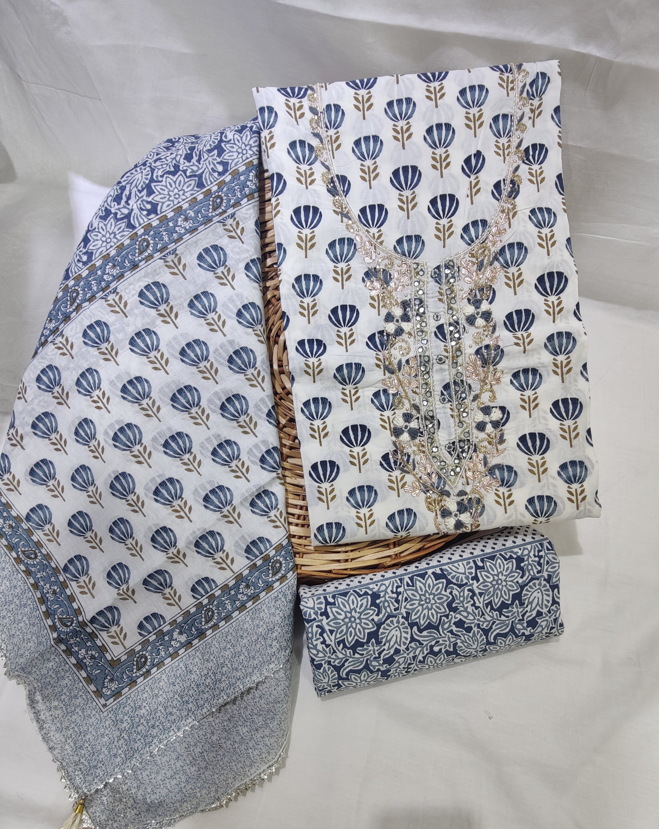 Sanganeri print cotton suit material with cotton dupatta Gotta Tye neck work    (GOTAYS17)