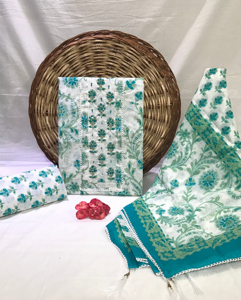 JAIPURI PRINTED COTTON NECK WORK SUITS WITH MULMUL DUPATTA (GOTAYS135)