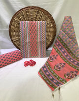 JAIPURI PRINTED COTTON NECK WORK SUITS WITH MULMUL DUPATTA (GOTAYS133)